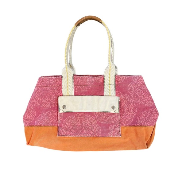 Fossil Lena Canvas Pink Orange Large Double Handles Tote Bag Overnight Carry All - Picture 1 of 16